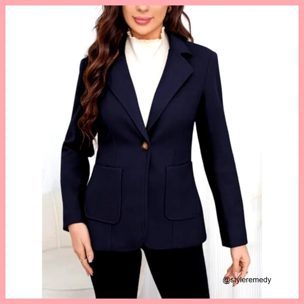 Wool Blend Pea Coat Blazer with Notched Lapel and Pockets